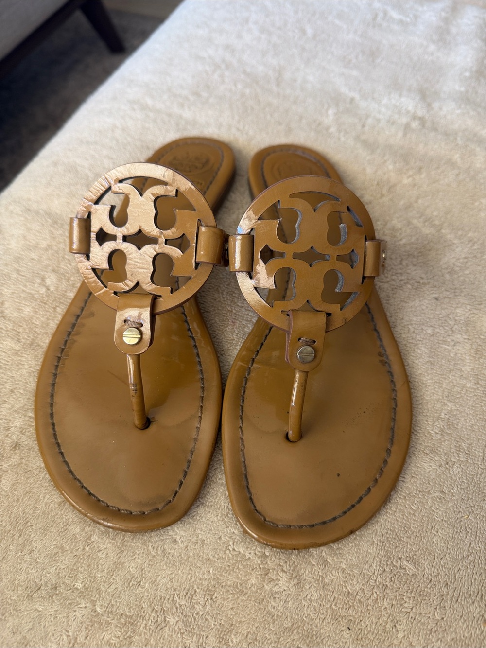 Tory Burch Cognac Leather Logo Thong Sandals